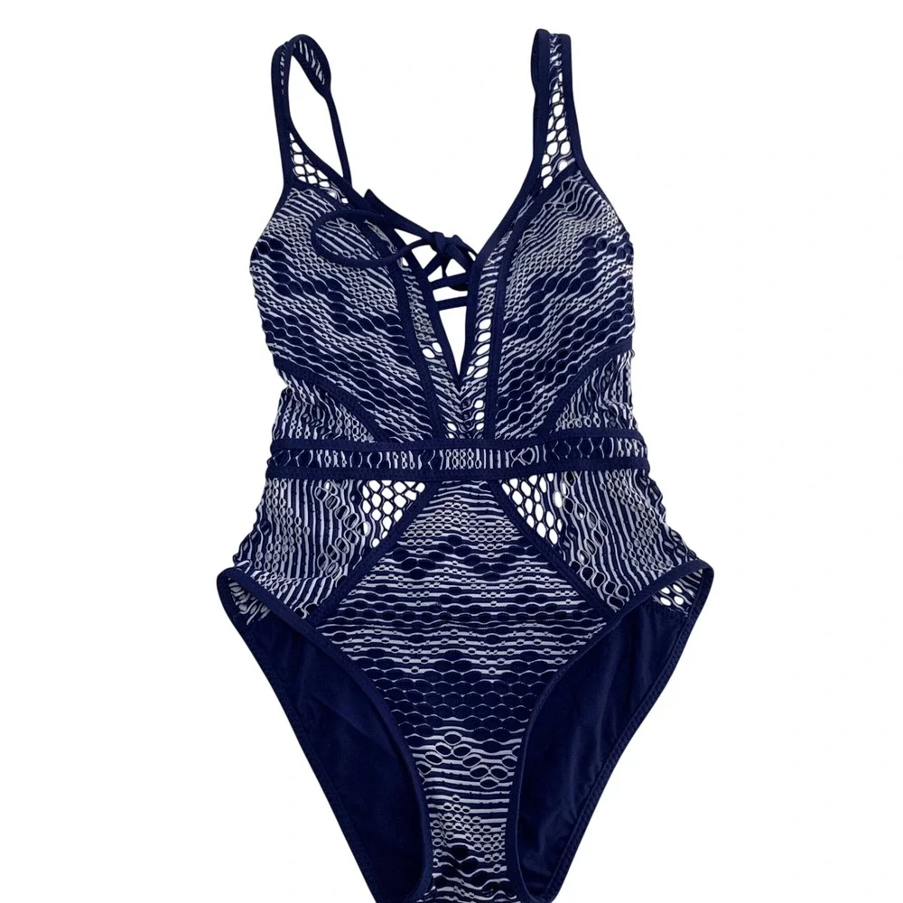 BECCA Navy White Crochet Lace Up One Piece Swimsuit Monokini XS/XP